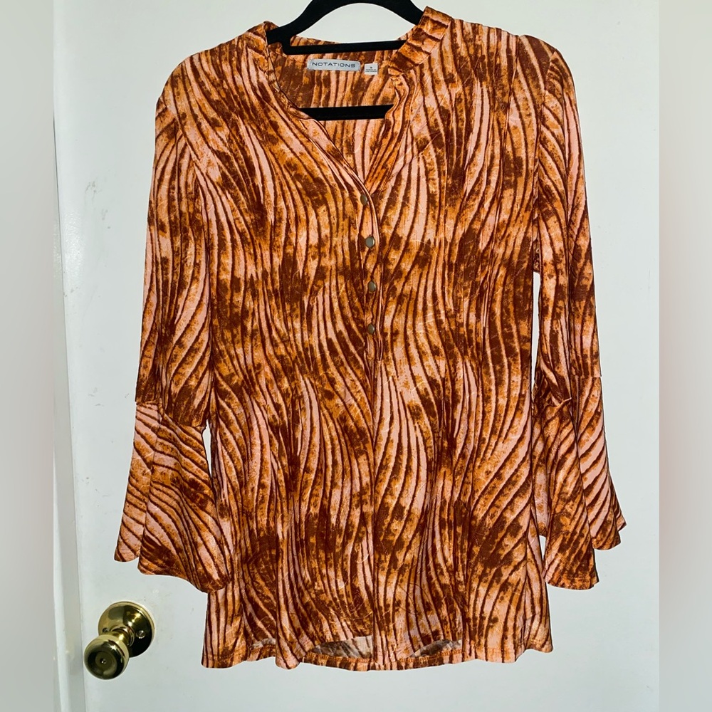 Notations | Women’s Blouse, Bell-Sleeve | Small | Stretchy | Brown-ish, tans